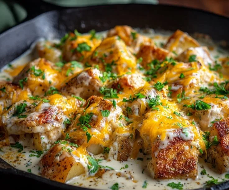 High-protein creamy garlic chicken served with potatoes