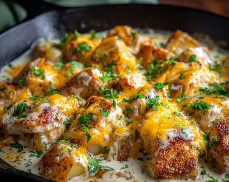 High-protein creamy garlic chicken with cheesy potatoes on a plate