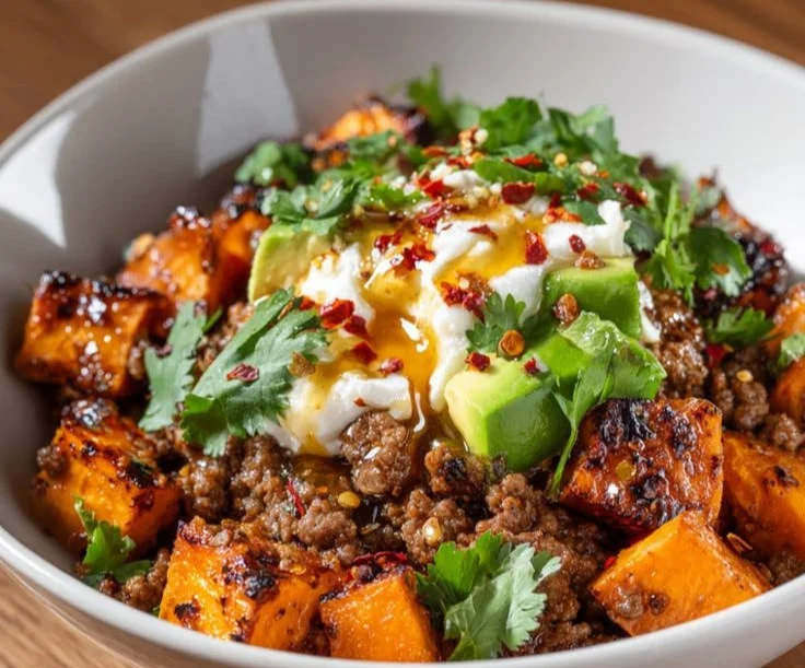 High-protein hot honey beef bowl garnished with vegetables and served in a bowl