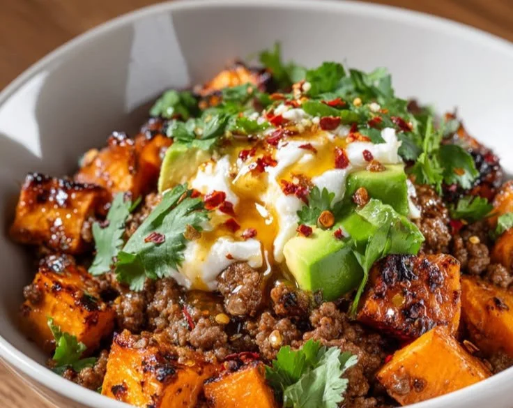 Delicious Hot Honey Beef Bowl topped with fresh vegetables and spicy honey glaze.