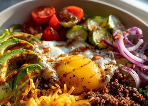 High protein low carb cheeseburger bowls with ground beef and fresh toppings.