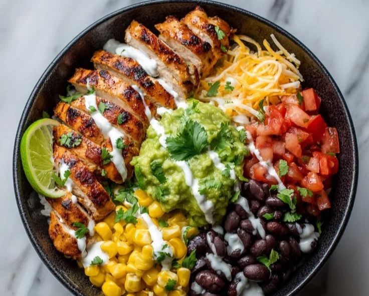 High protein taco bowl loaded with fresh ingredients and vibrant toppings