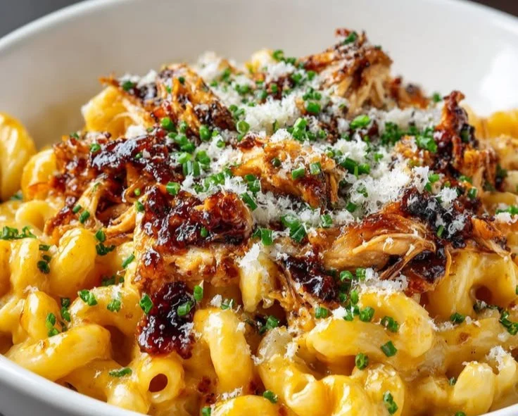 Delicious Honey BBQ Chicken Mac and Cheese featuring gooey cheese and tender chicken