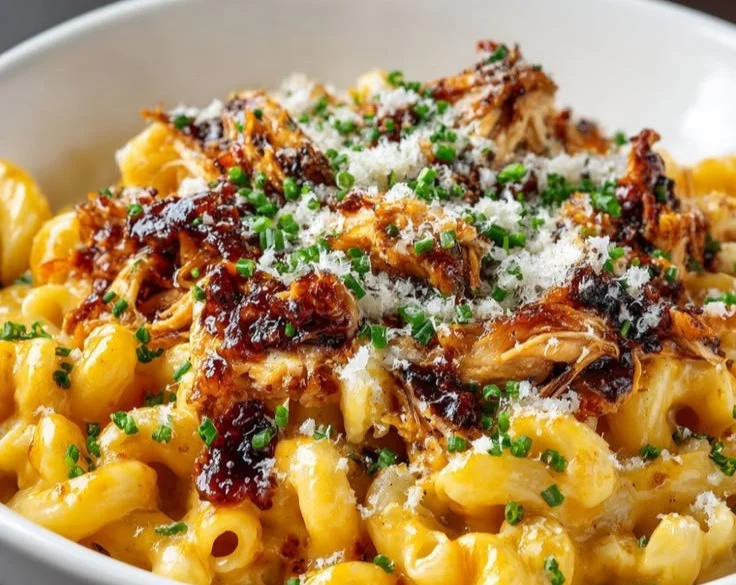 Honey BBQ Chicken Mac and Cheese served in a bowl with cheese and chicken toppings.
