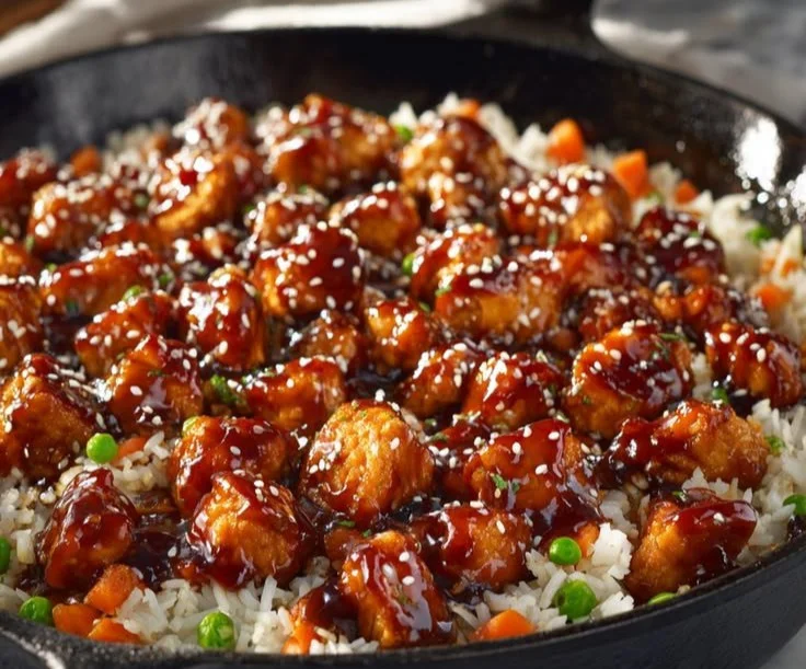 Plate of Honey BBQ Chicken served on rice with garnishes