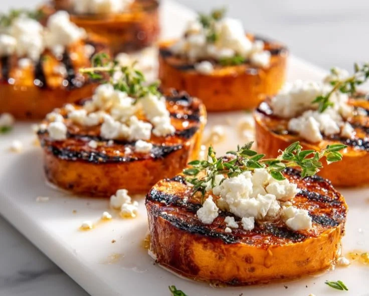 Honey feta sweet potato bites served as a healthy high-protein snack.
