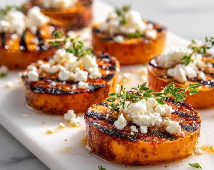 Honey Feta Sweet Potato rounds plated for a delicious appetizer.
