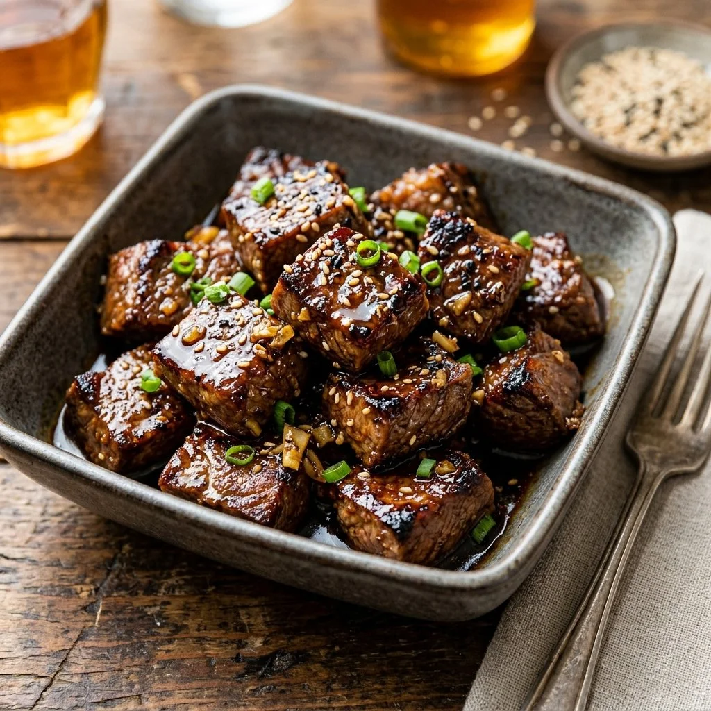 Plate of honey garlic steak bites drizzled with sauce, garnished with parsley