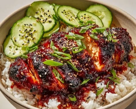 Delicious Honey Gochujang Chicken served with fresh vegetables and rice.