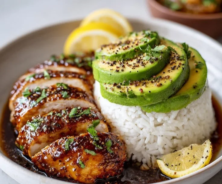 Honey lime chicken served with avocado rice on a plate