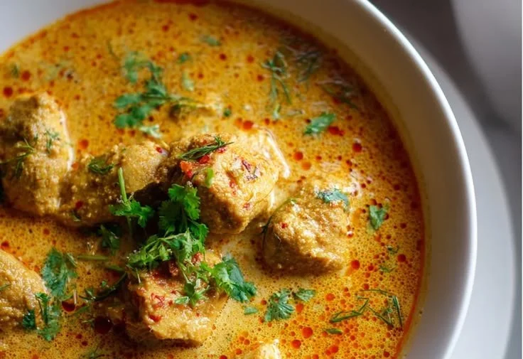 A bowl of spiced creamy chicken curry garnished with fresh herbs