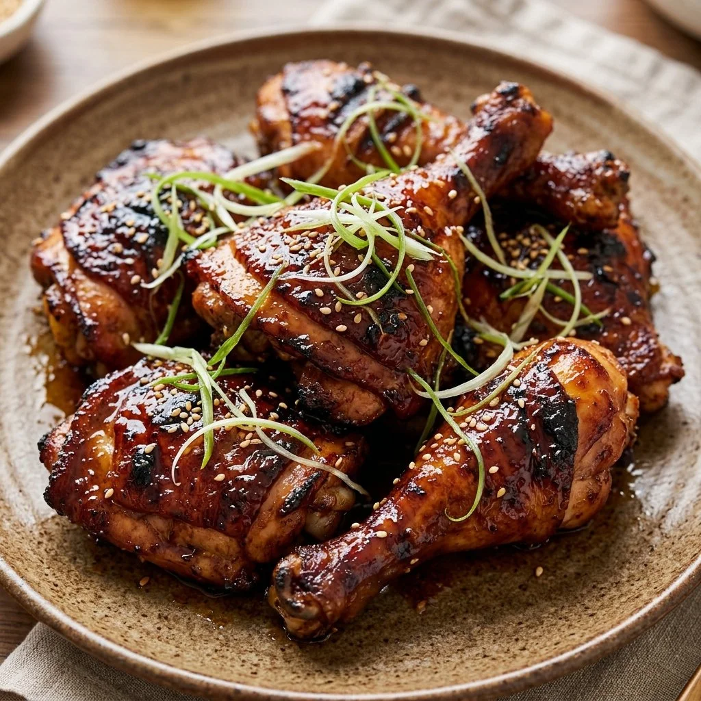 Grilled Huli Huli Chicken served with tropical sides and garnish.