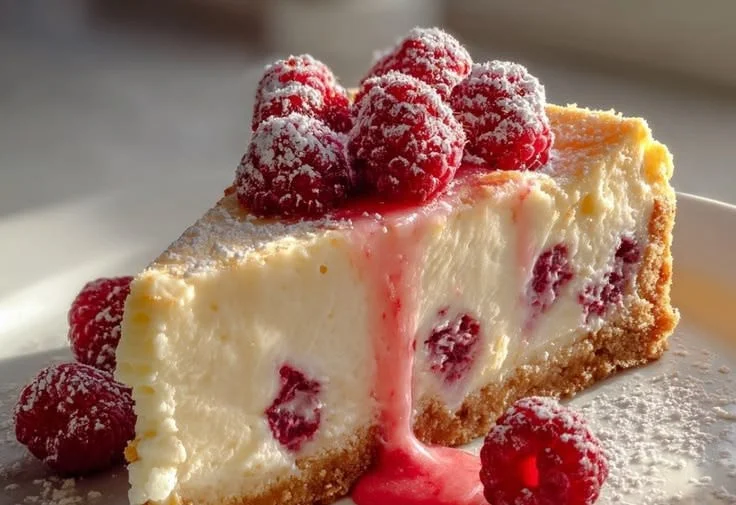 Indulgent white chocolate raspberry cheesecake with a graham cracker crust