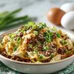 Delicious Inside-Out Egg Roll in a Bowl topped with fresh vegetables and sesame seeds.