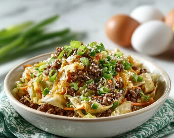 Delicious Inside-Out Egg Roll in a Bowl topped with fresh vegetables and sesame seeds.