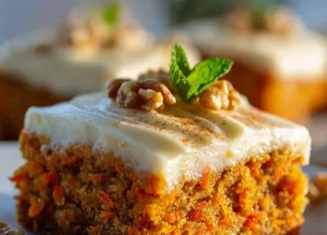 Delicious carrot cake cream cheese bars topped with cream cheese frosting