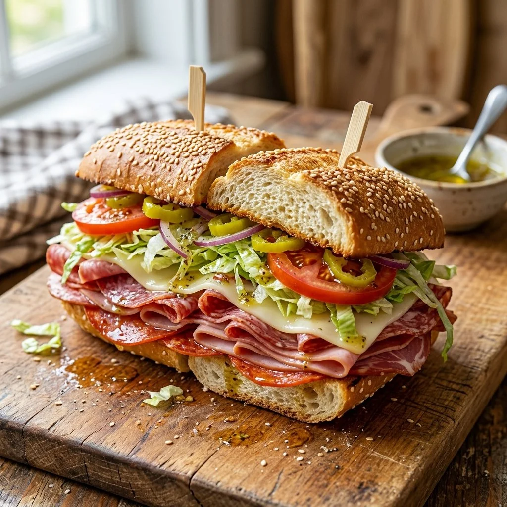 Delicious Italian Grinder Sandwich loaded with meats, cheeses, and toppings