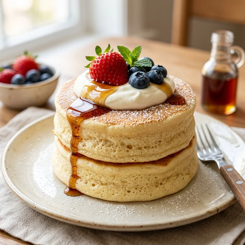 Fluffy and delicious Japanese souffle pancakes stacked and drizzled with syrup