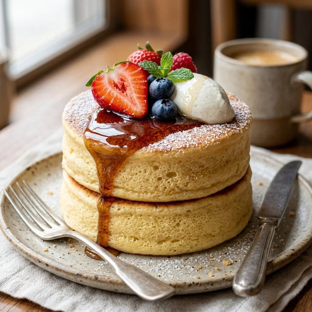 Fluffy Japanese souffle pancakes topped with syrup and berries