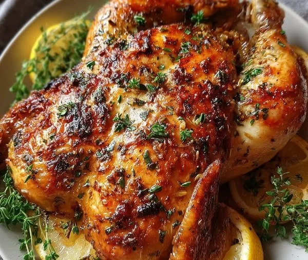 Delicious juicy oven-roasted garlic chicken served with herbs