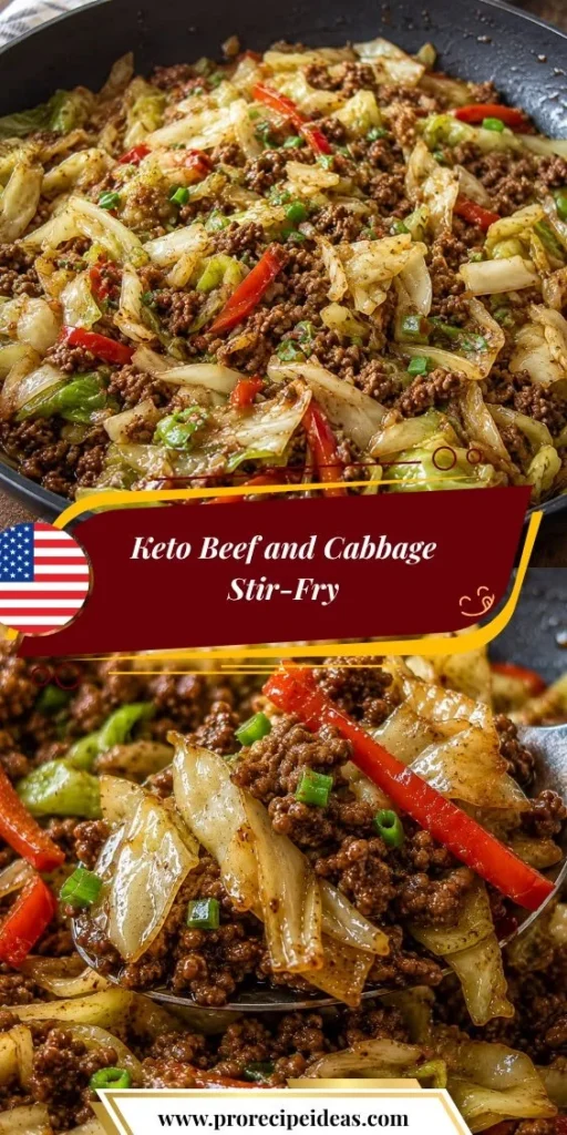Keto beef and cabbage stir-fry cooked in a skillet with vegetables