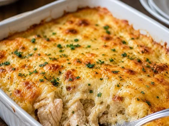 Delicious keto buttery chicken casserole topped with cheese and herbs.