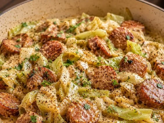 Delicious Keto Cajun Sausage and Cabbage Alfredo served in a bowl