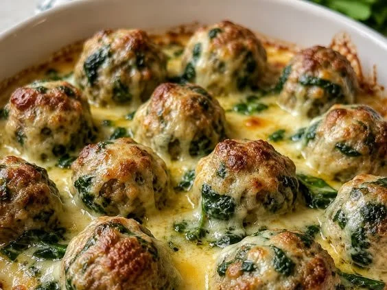 Keto Cheesy Spinach Meatballs served on a plate with fresh herbs