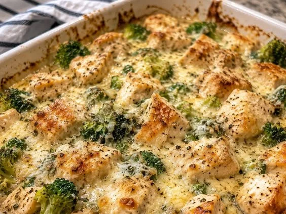 A creamy Keto Chicken Alfredo Bake with broccoli served in a baking dish.