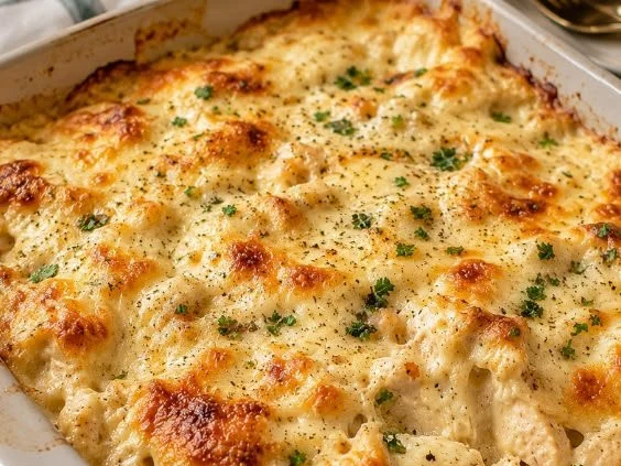 Keto Chicken Alfredo Casserole served in a dish, topped with parsley.