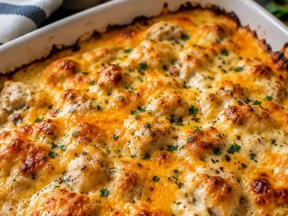Delicious Keto Chicken Cheese Bake recipe with cheese and chicken on a plate
