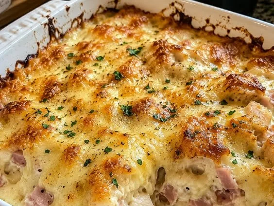 Keto Chicken Cordon Bleu Casserole with melted cheese and ham