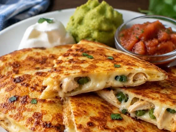 Keto Chicken Quesadilla served on a plate with avocado and salsa