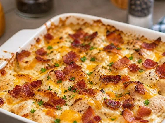 Keto Chicken Bacon Ranch Casserole topped with crispy bacon and herbs