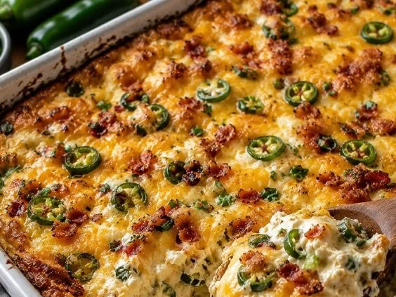 Keto Jalapeño Popper Casserole topped with crispy bacon and melted cheese