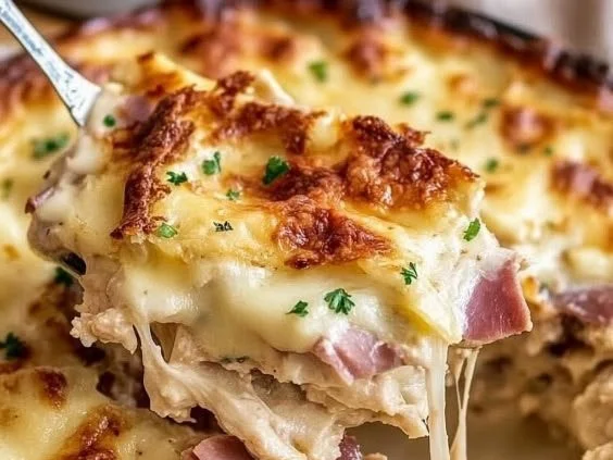 Keto Low-Carb Chicken Cordon Bleu Casserole topped with melted cheese and herbs