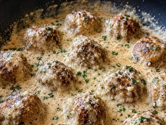 Keto meatballs served with creamy garlic sauce on a plate