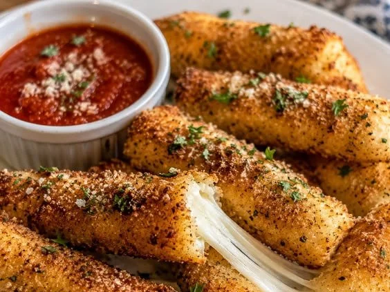 Delicious Keto Mozzarella Sticks ready to eat - low-carb and cheesy snack