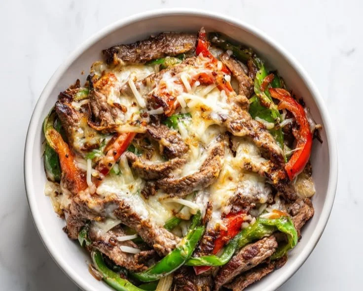 Keto Philly Cheesesteak Bowl with vegetables and high protein