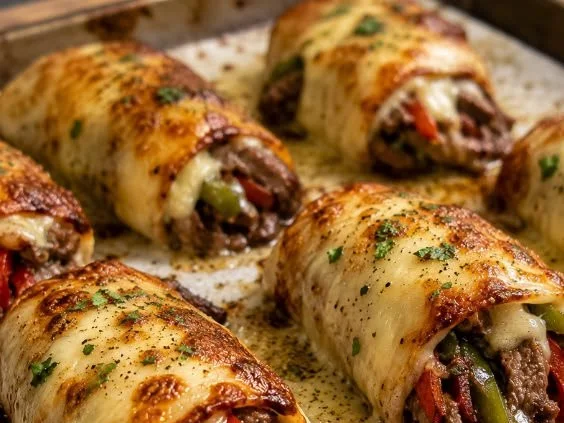 Low-carb Keto Philly Cheesesteak Rolls served with toppings on a plate.