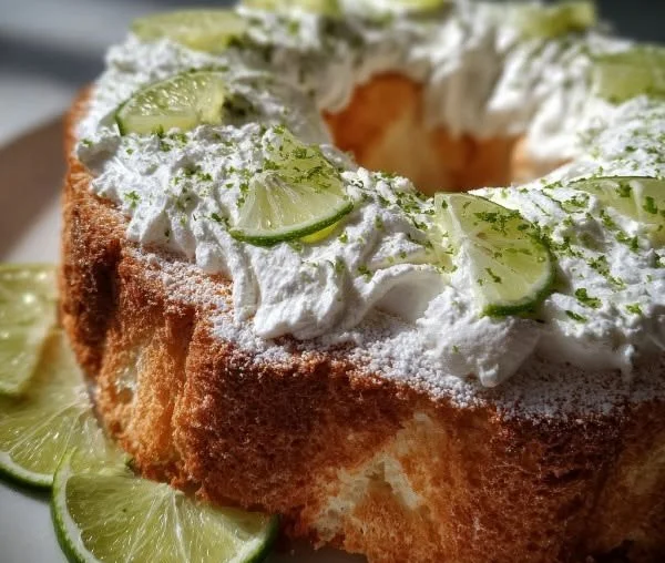 Slice of Key Lime Angel Food Cake topped with whipped cream and lime slices.