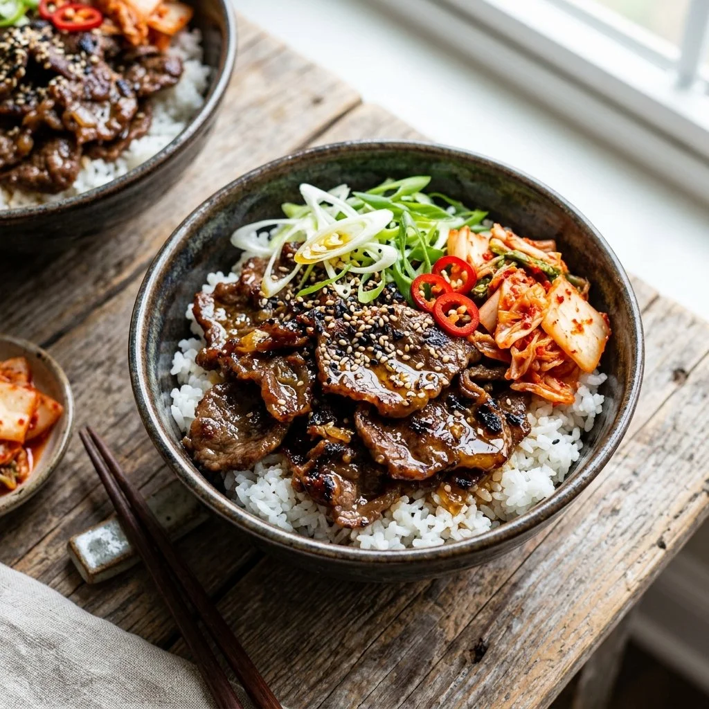 Delicious Korean beef bowls with flavorful ingredients and vibrant garnishes
