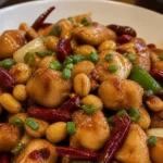 Delicious Kung Pao Chicken served with peanuts and vegetables