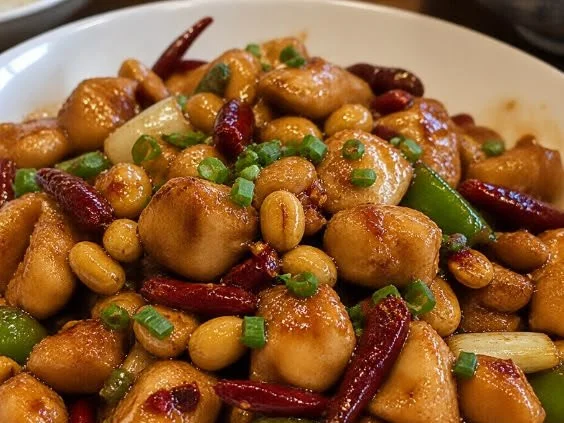 Delicious Kung Pao Chicken served with peanuts and vegetables