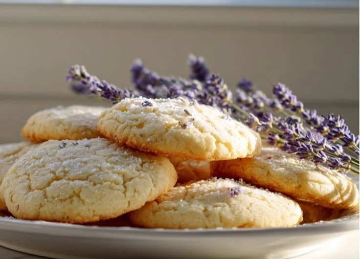 Lavender Honey Butter Cookies arranged on a plate with a sprig of lavender.