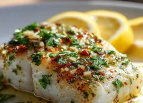Delicious lemon garlic baked cod served with fresh herbs and lemon slices.