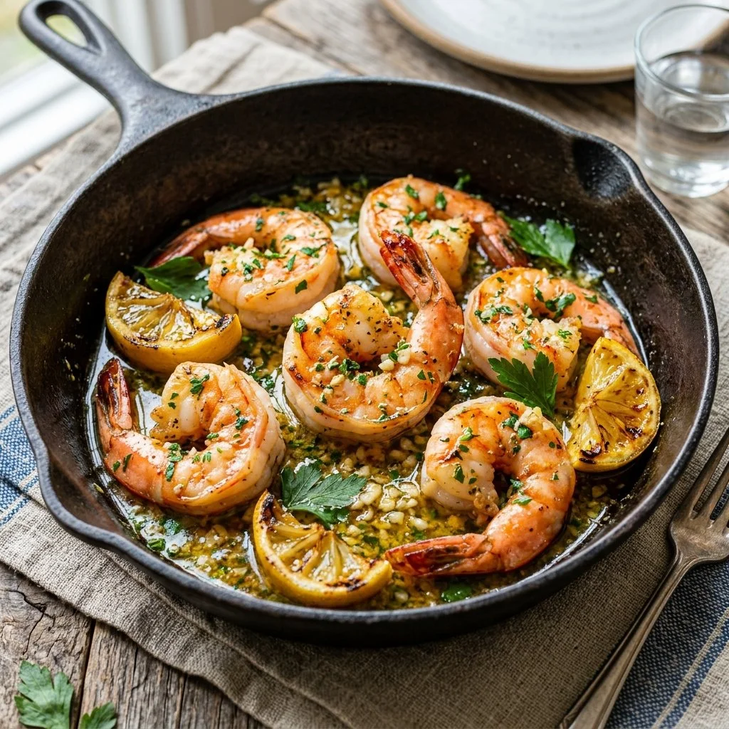 Delicious Lemon Garlic Butter Shrimp served on a plate with fresh herbs.