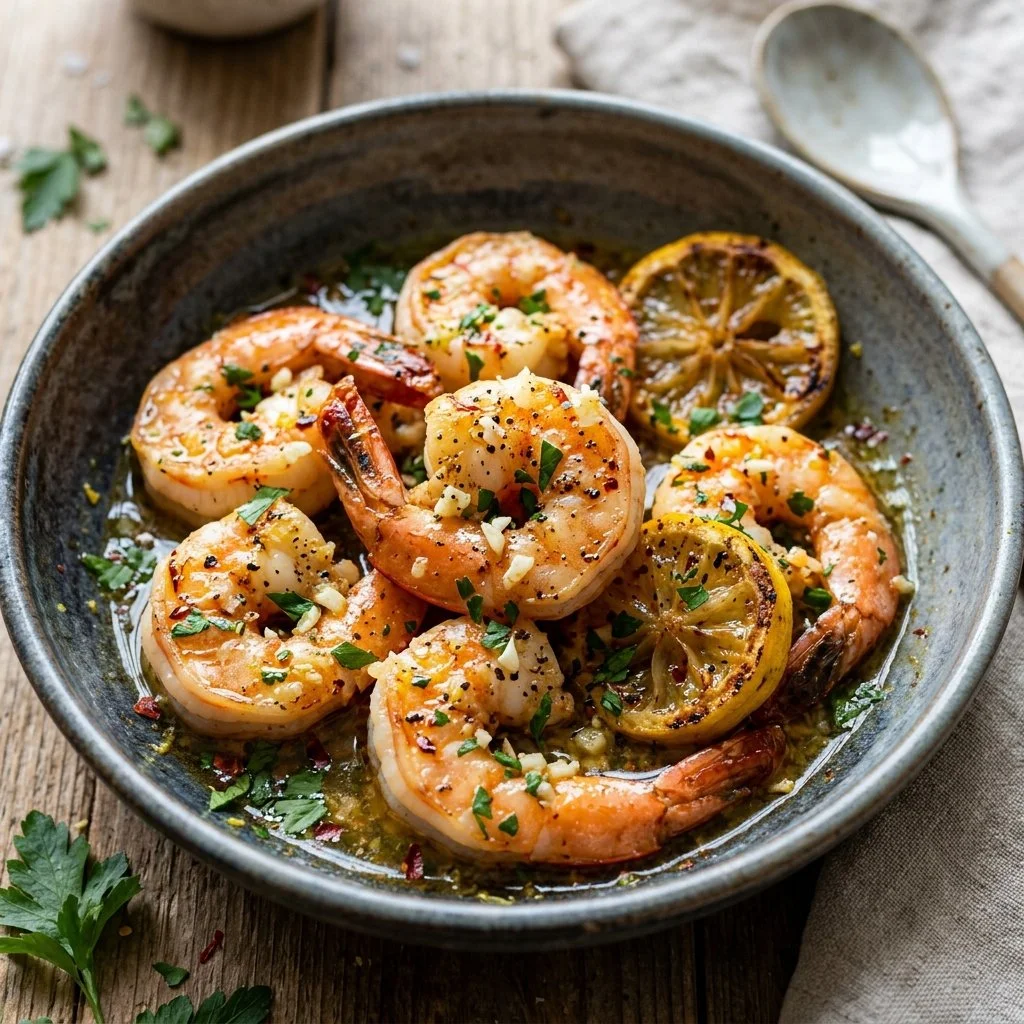 Delicious Lemon Garlic Shrimp dish served with fresh herbs and lemon slices.