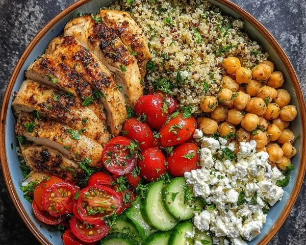 Lemon Herb Chicken Bowl with Chickpeas and Feta served in a colorful dish.