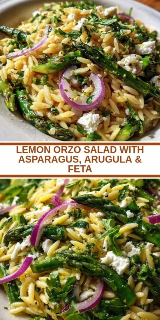 Lemon Orzo Salad with Asparagus, Arugula, and Feta served in a bowl